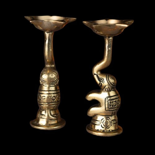 Brass Antique Finish Set of 2 Golden Decorative Elephant Brass Diya with Stand